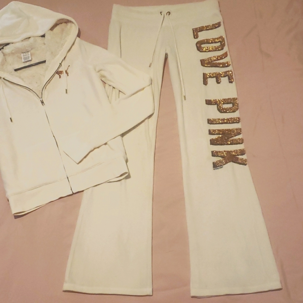 PINK Victoria's Secret Cream Track Pants with Gold Sequin 'LOVE PINK'
